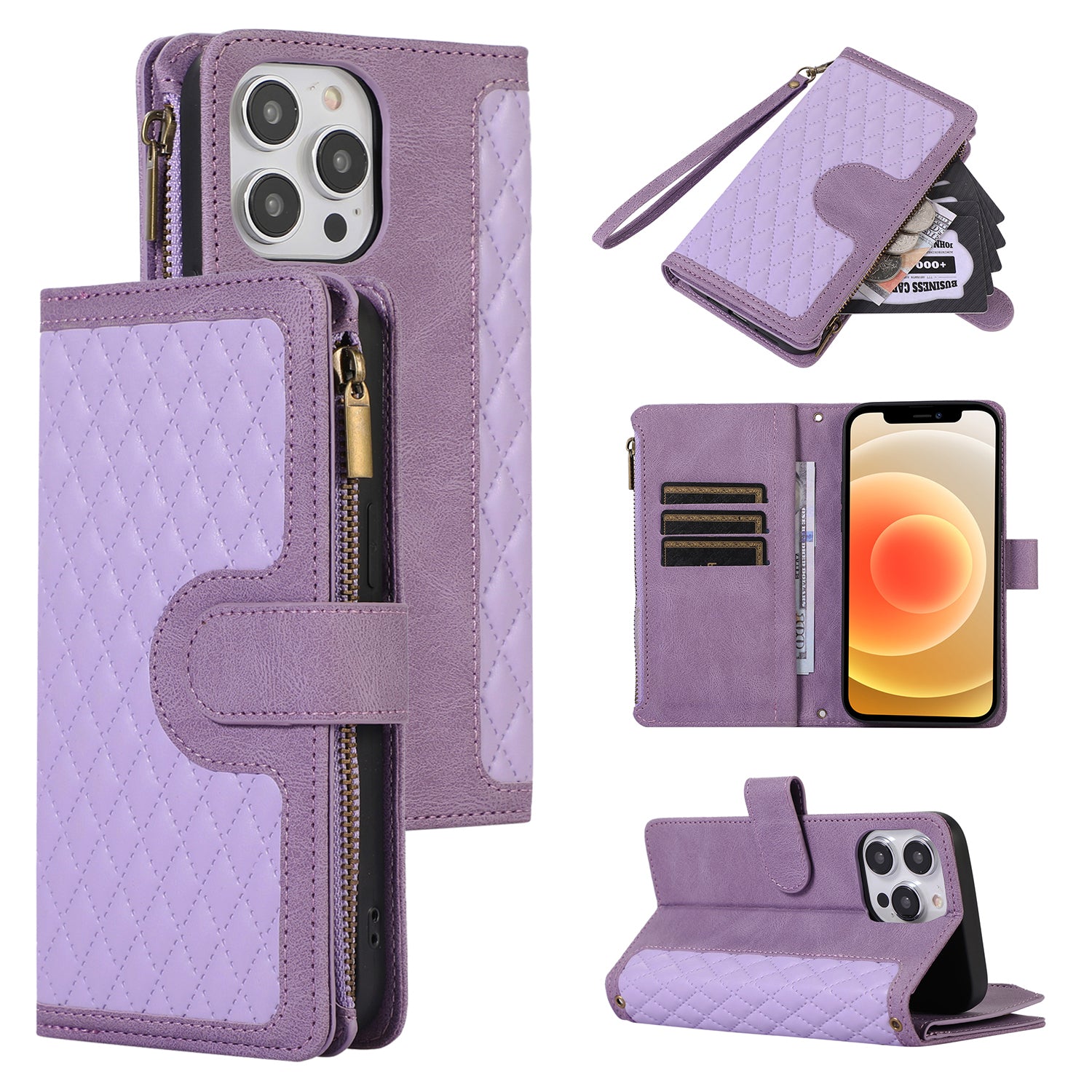 For iPhone 12 12 Pro 6.1 inch Zipper Pocket Leather Protective Shell Wallet Stand Phone Case with 9 Card Slots For iPhone 12 12 Pro 6.1 inch Zipper Pocket Leather Protective Shell Wallet Stand Phone Case with 9 Card Slots